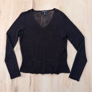 Eileen Fisher Black Sheer Linen Blend Open Knit V Neck Minimalist Sweater XS
